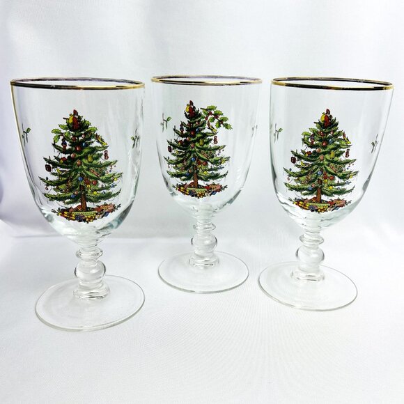 Spode Christmas Tree Vintage Pedestal Goblets Holiday Glasses Gold 16 oz 3 pcs. - Picture 3 of 9